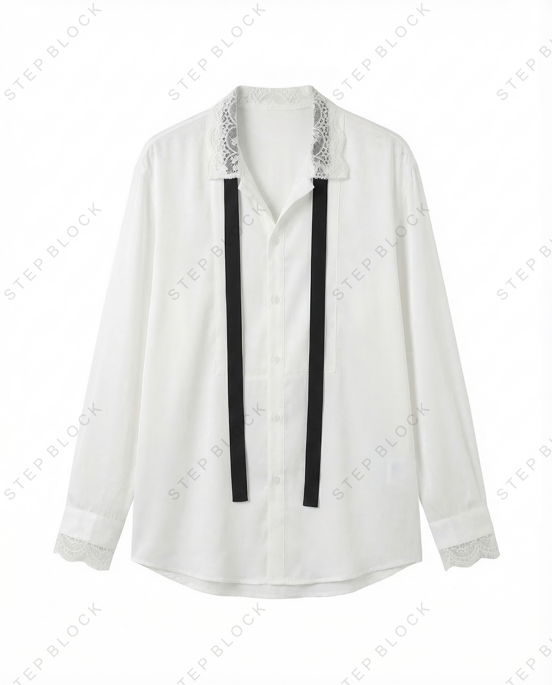 STEP BLOCK MT538 Lace Trim Tie Detail Long-Sleeve Shirt