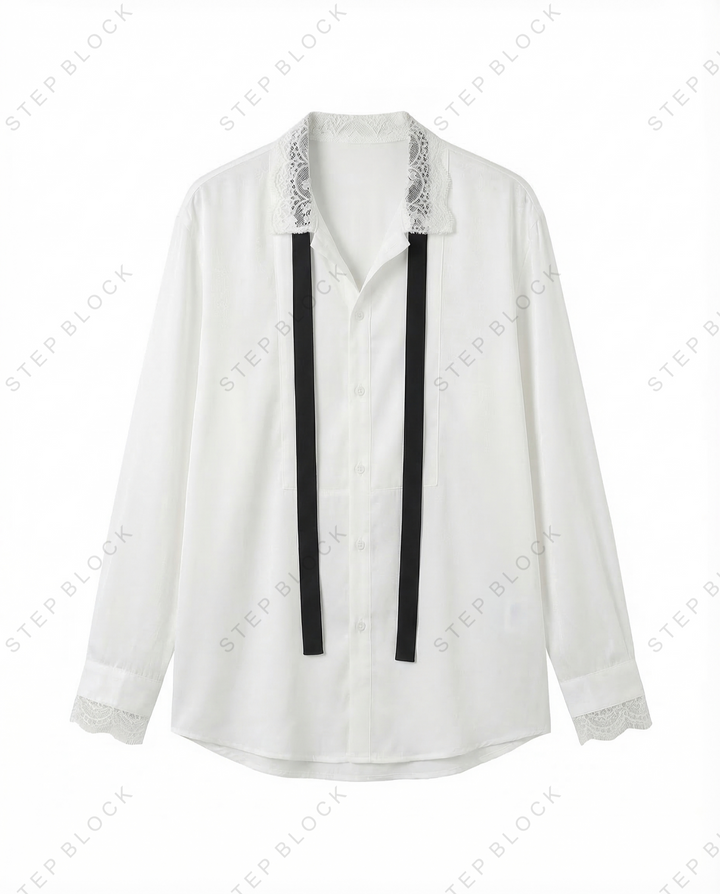 STEP BLOCK MT538 Lace Trim Tie Detail Long-Sleeve Shirt