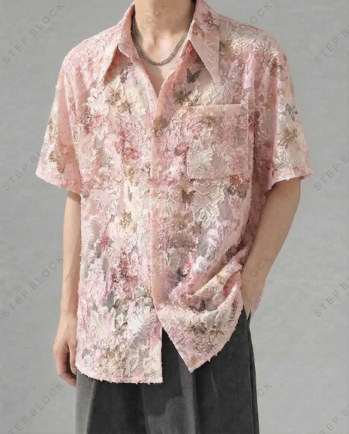 STEP BLOCK MT539 Floral Print Textured Short-Sleeve Shirt