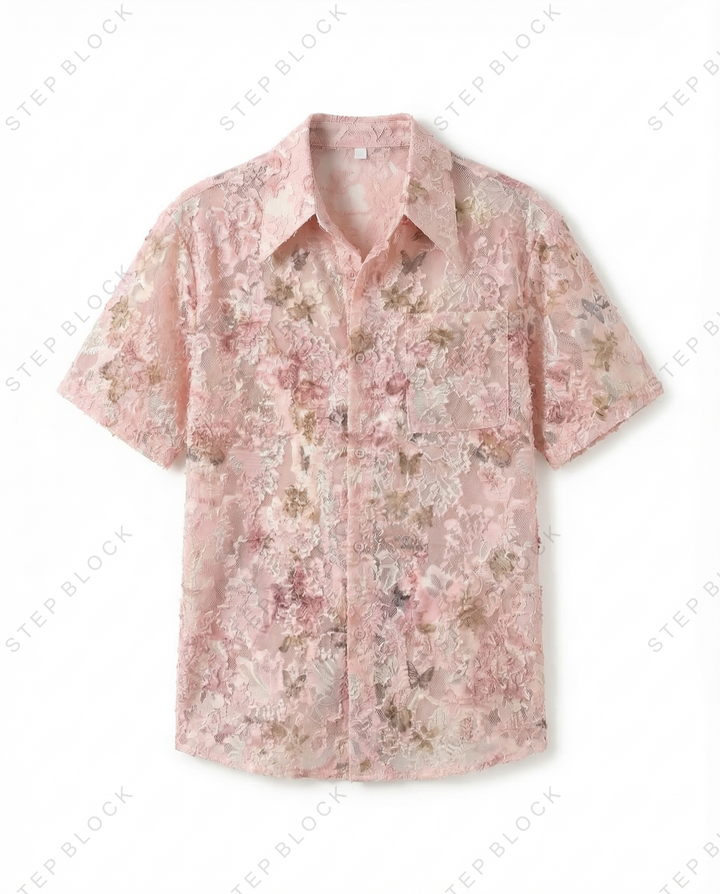 STEP BLOCK MT539 Floral Print Textured Short-Sleeve Shirt