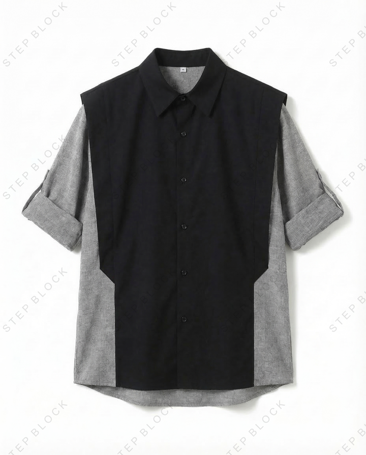 STEP BLOCK MT542 Color Block Patchwork Short-Sleeve Shirt