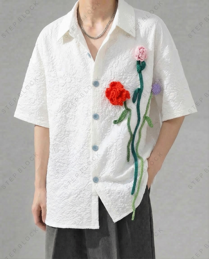 STEP BLOCK MT545 Floral Appliqué Short-Sleeve Shirt