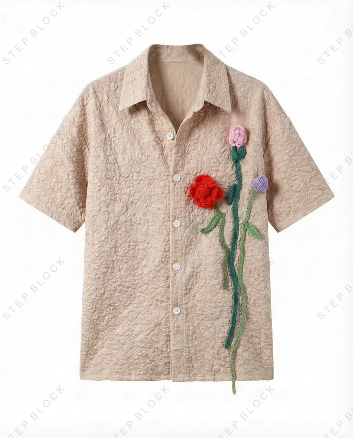 STEP BLOCK MT545 Floral Appliqué Short-Sleeve Shirt