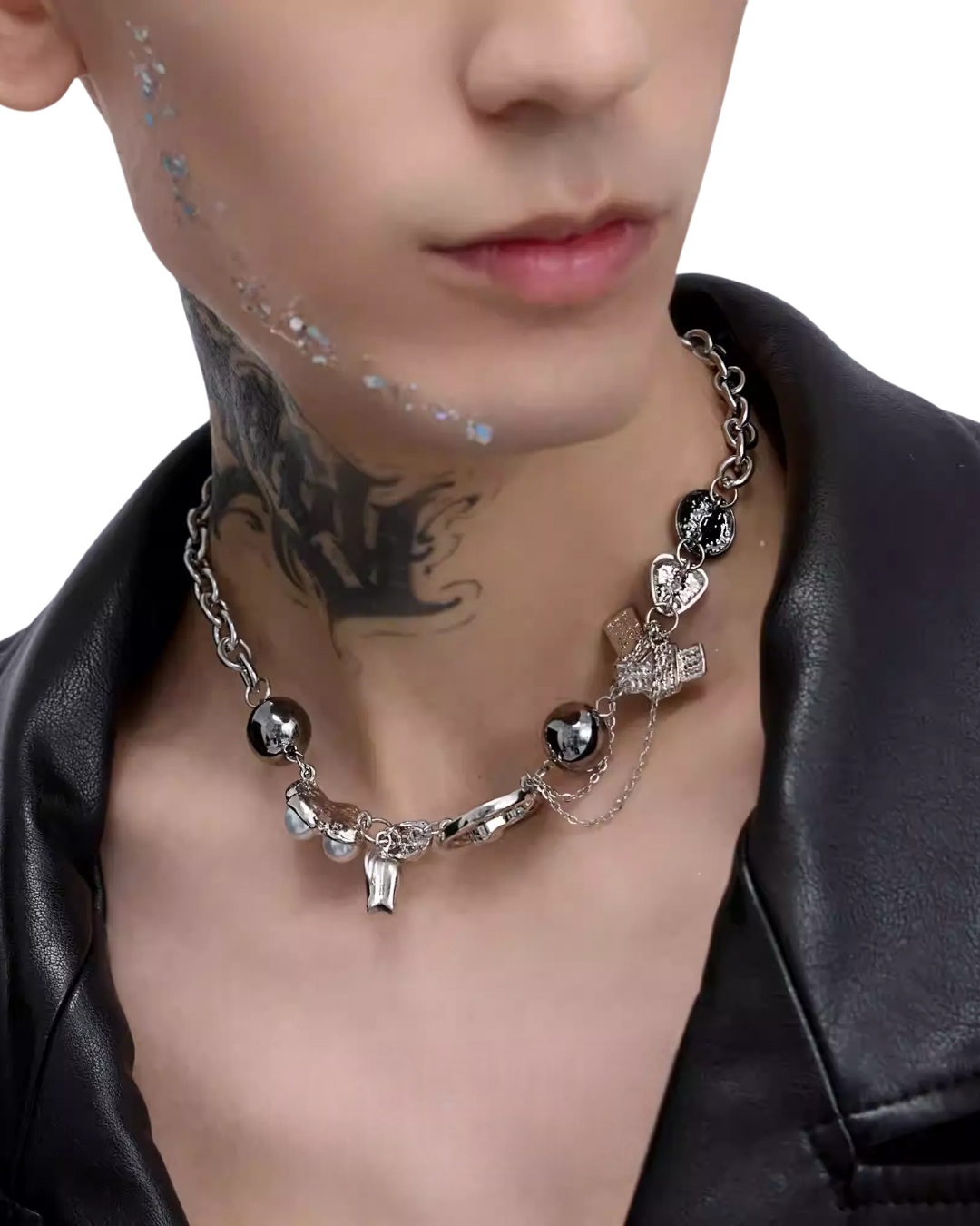Lifestyle styling view of Multi-style Gothic and Pearl Statement Necklace Set