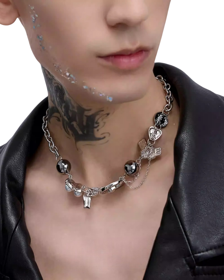 Lifestyle styling view of Multi-style Gothic and Pearl Statement Necklace Set