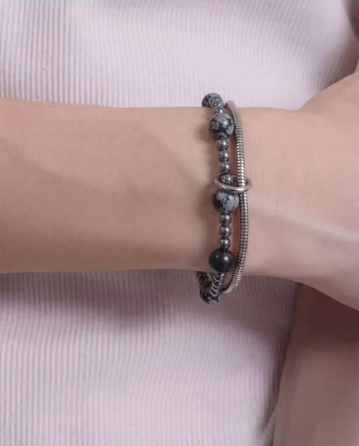 Lifestyle styling view of Multi-style Beaded and Chain Stackable Bracelet Set