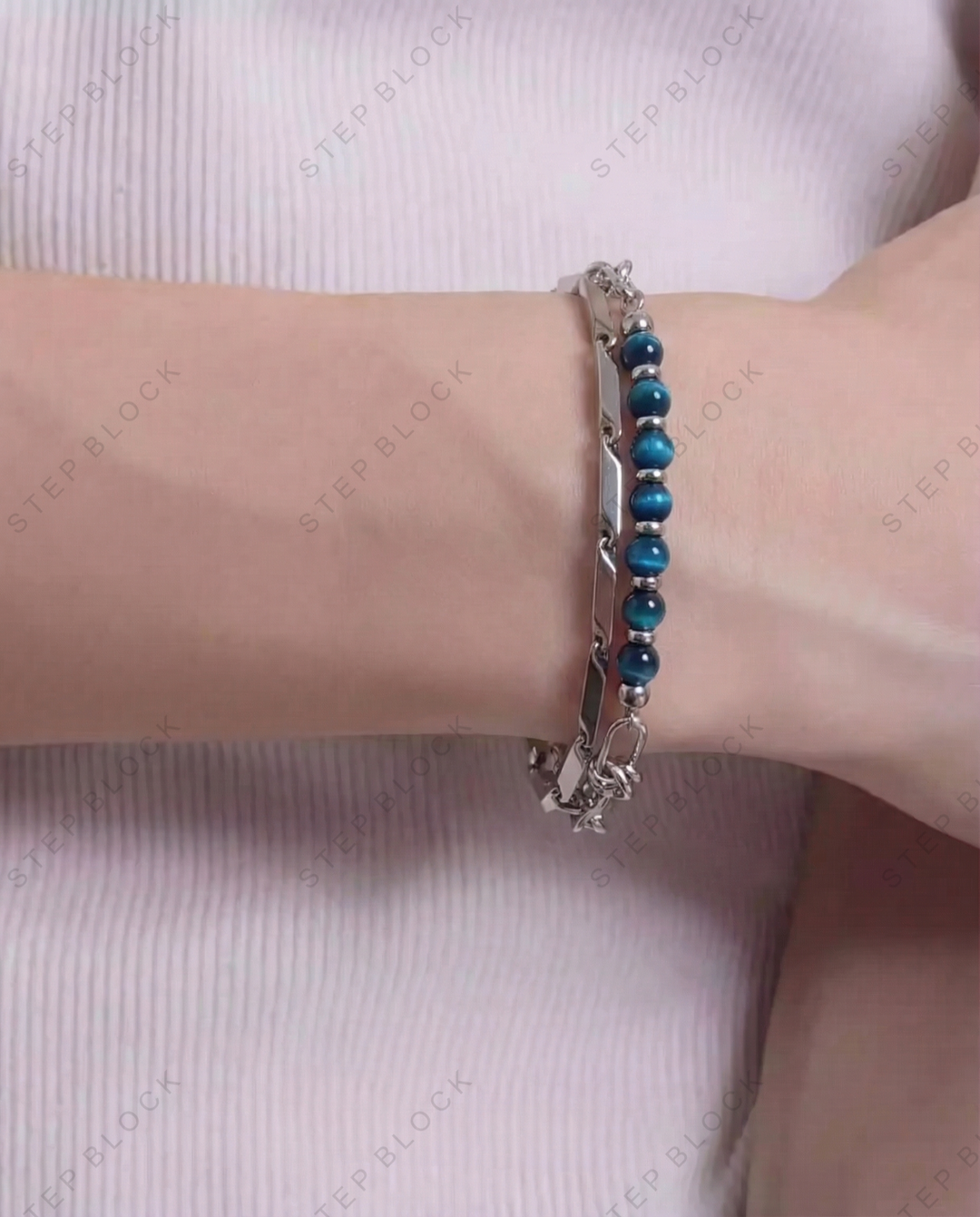 STEP BLOCK AC002 Multi-Style Beaded &amp; Chain Stackable Bracelet Set