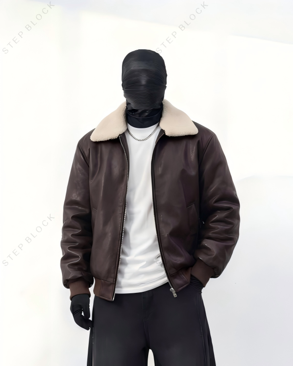 STEP BLOCK ST1003 shearling collar leather bomber jacket, men&