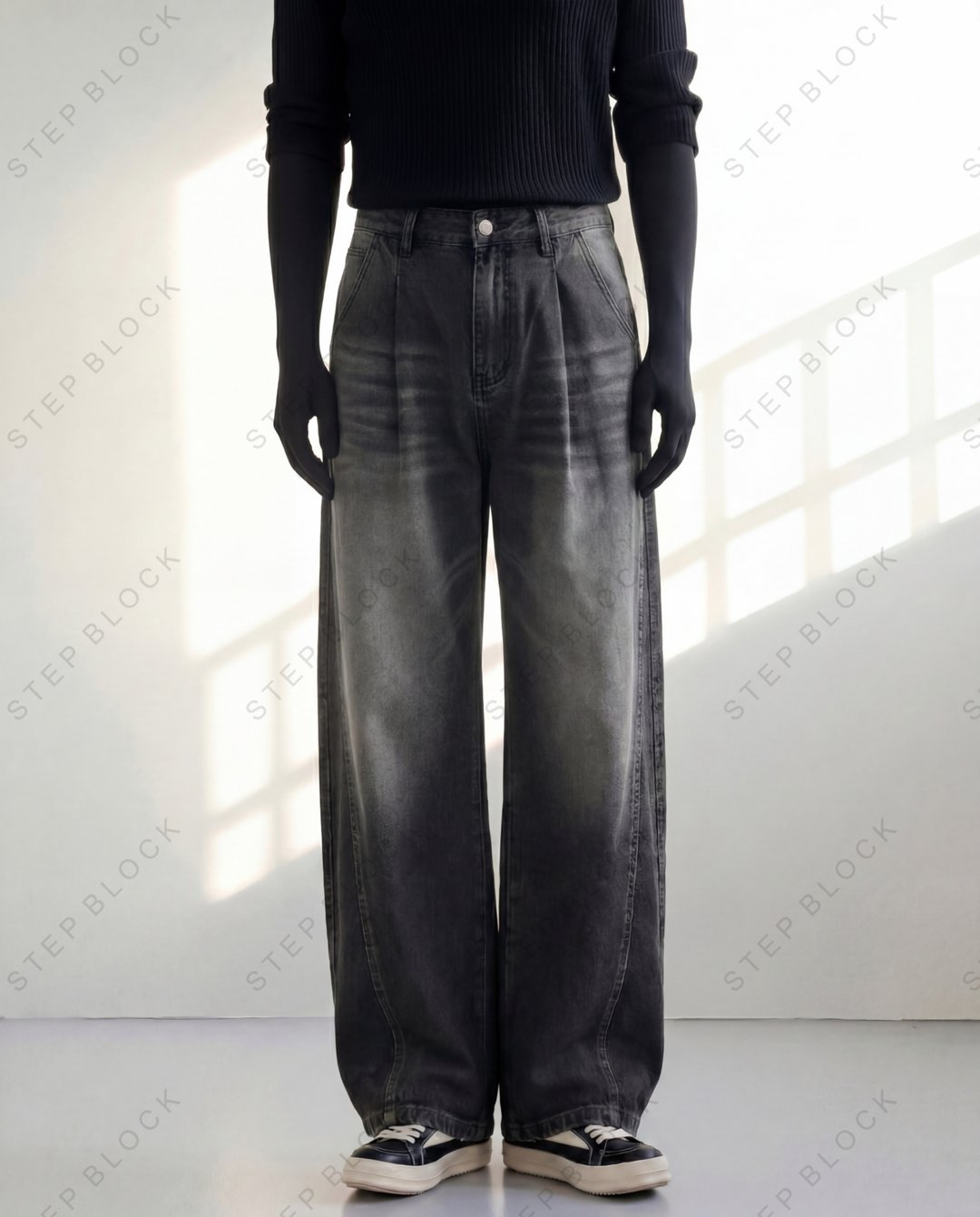 STEP BLOCK MT036 vintage washed grey and light blue baggy jeans
