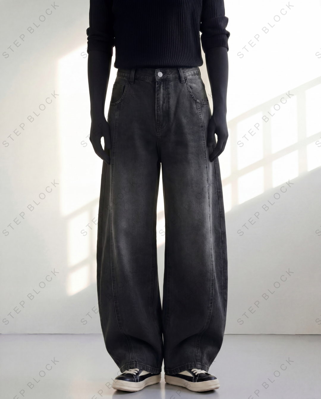 STEP BLOCK MT035 vintage washed black and dark blue baggy jeans