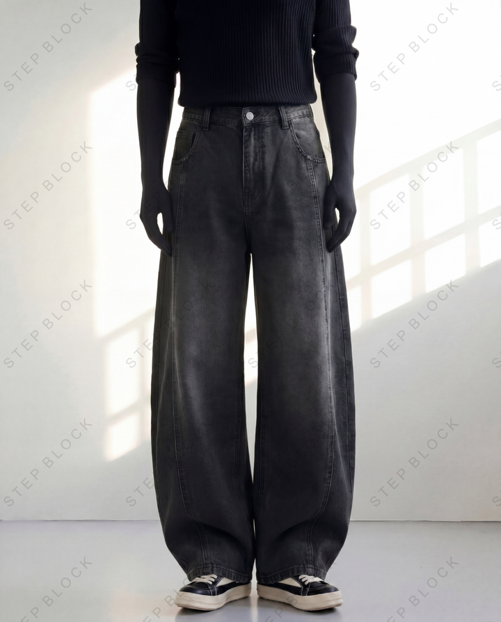 STEP BLOCK MT035 vintage washed black and dark blue baggy jeans