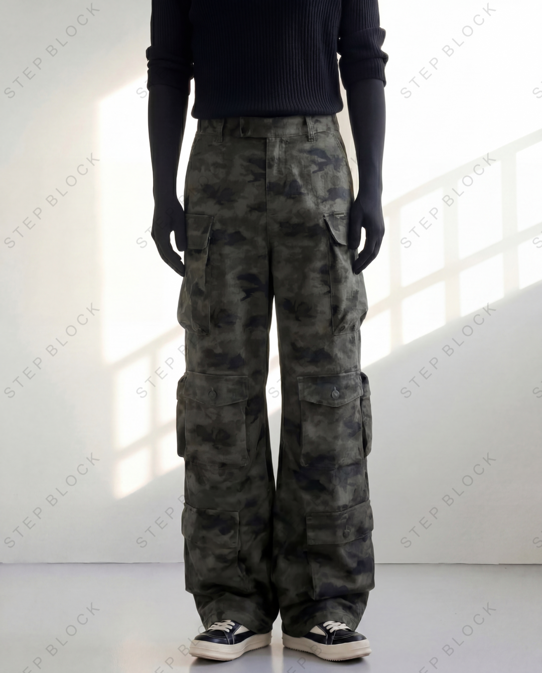 STEP BLOCK MT034 vintage camouflage multi-pocket baggy cargo pants
