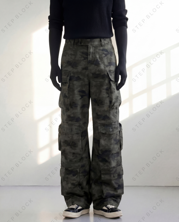 STEP BLOCK MT034 vintage camouflage multi-pocket baggy cargo pants