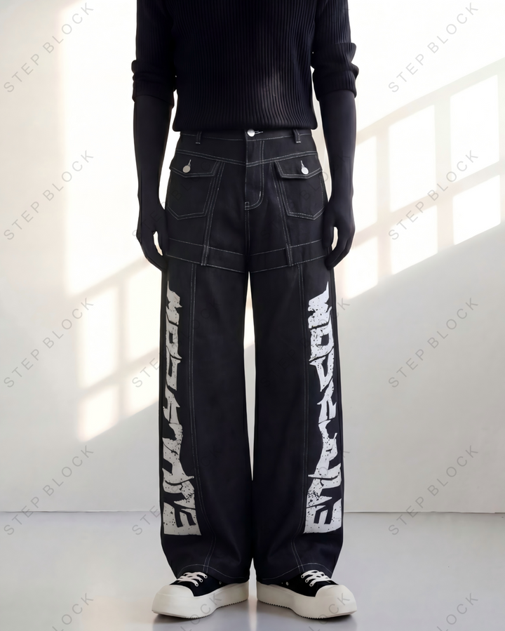 STEP BLOCK MT044 vintage black washed baggy jeans with side text embroidery