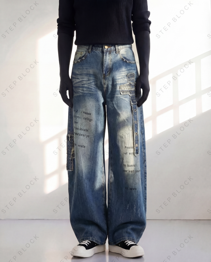 STEP BLOCK MT049 vintage washed distressed graffiti baggy jeans