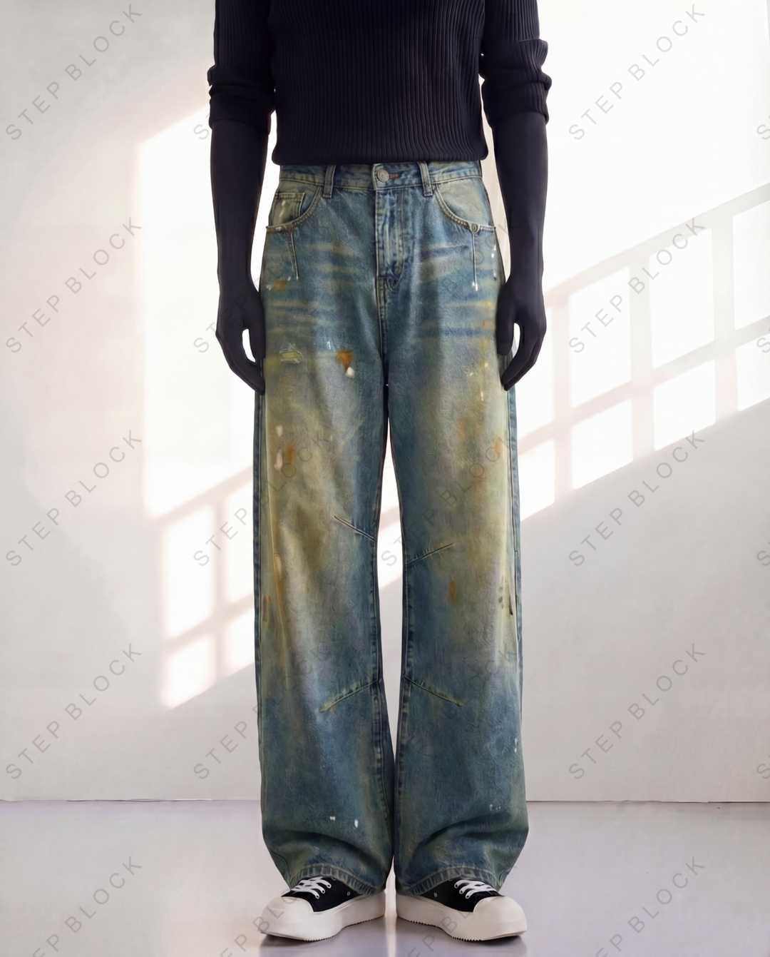 STEP BLOCK MT050 vintage washed oil-stained distressed baggy jeans