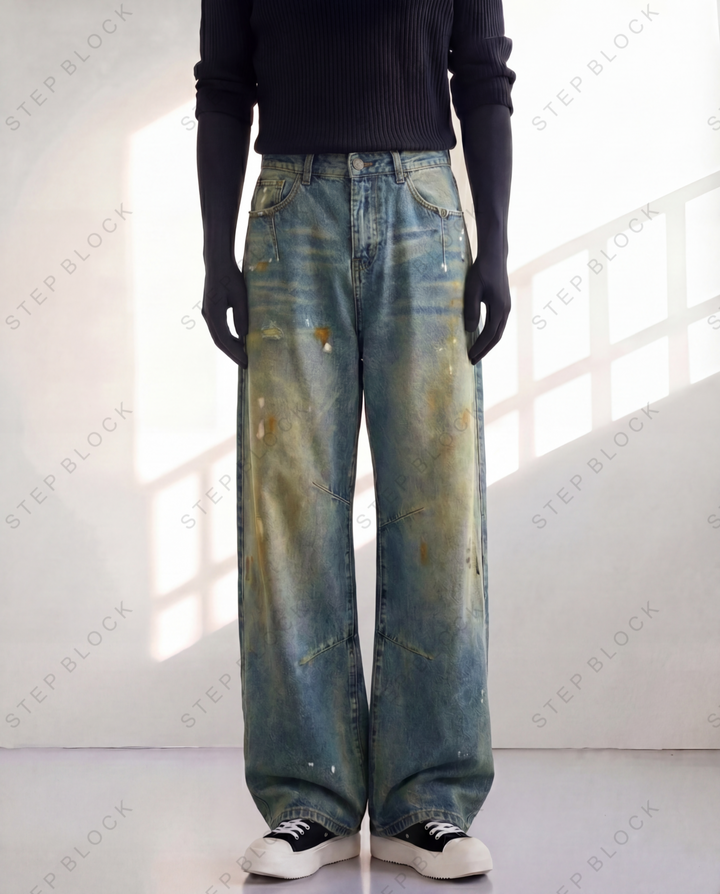 STEP BLOCK MT050 vintage washed oil-stained distressed baggy jeans