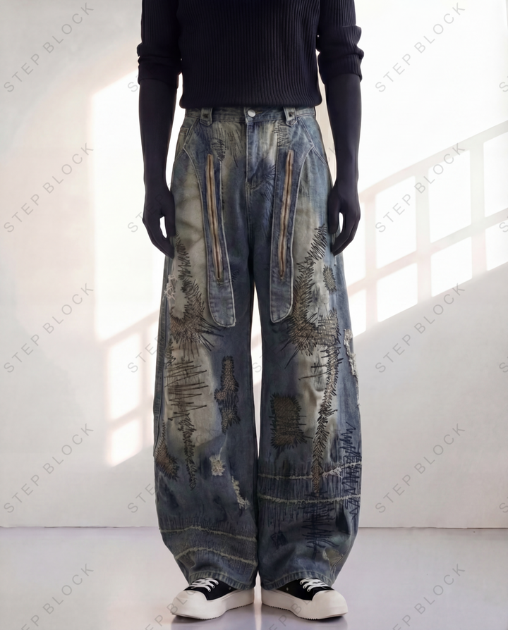 STEP BLOCK MT051 vintage washed distressed graffiti baggy jeans