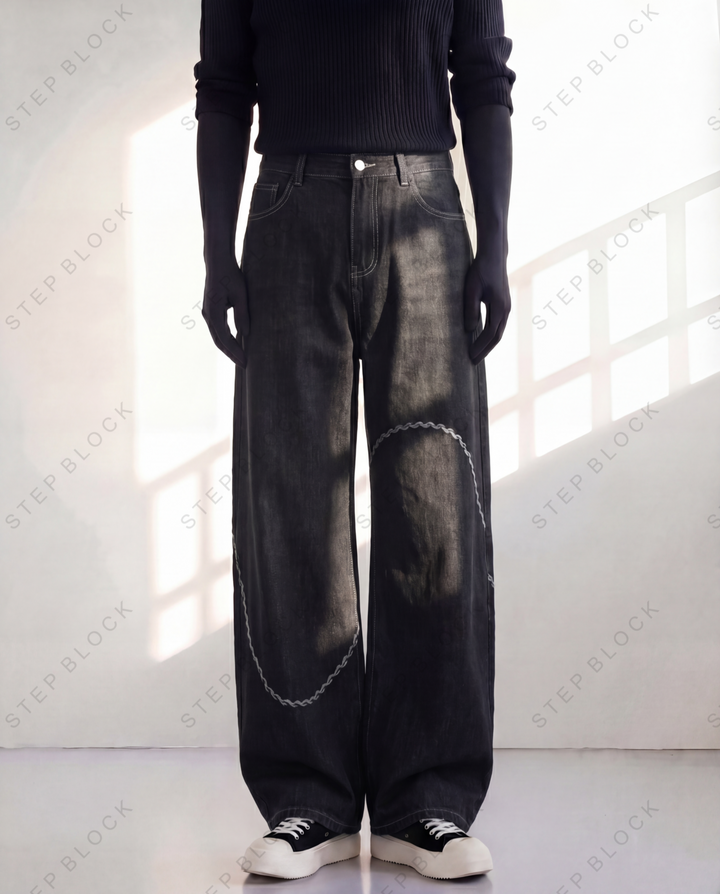 STEP BLOCK MT052 vintage washed black baggy jeans with white stitching