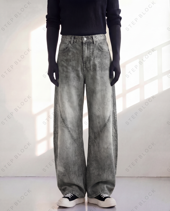STEP BLOCK MT053 vintage washed grey baggy flare jeans