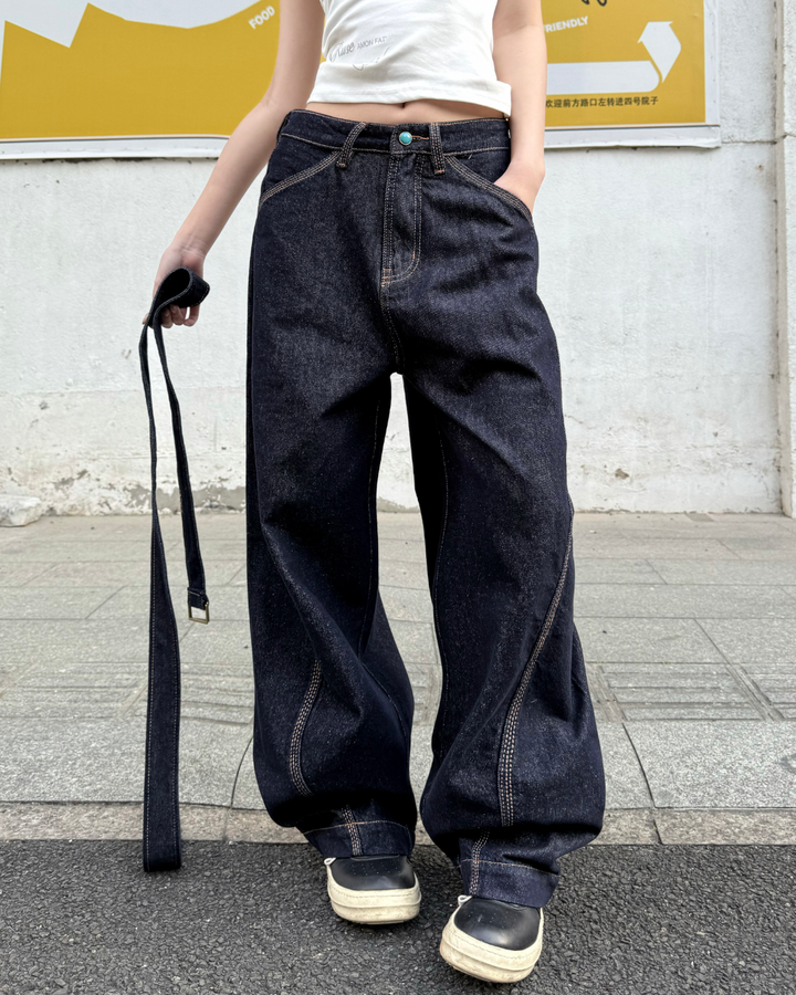 STEP BLOCK MT084 Raw Indigo Contrast Stitch Baggy Jeans