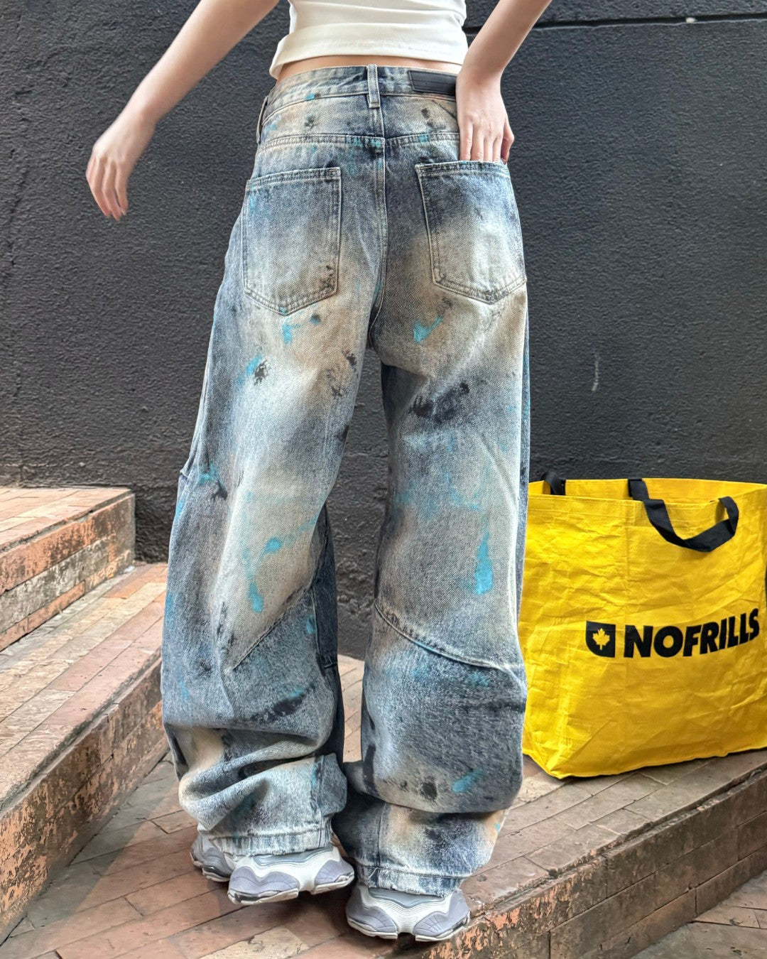 STEP BLOCK MT080 Vintage Oil-Stained Distressed Baggy Jeans