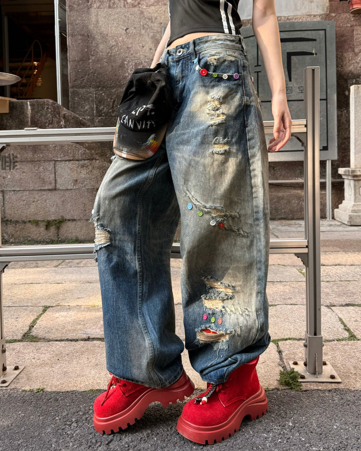 STEP BLOCK MT081 Vintage Mud-Washed Multi-Patch Baggy Jeans