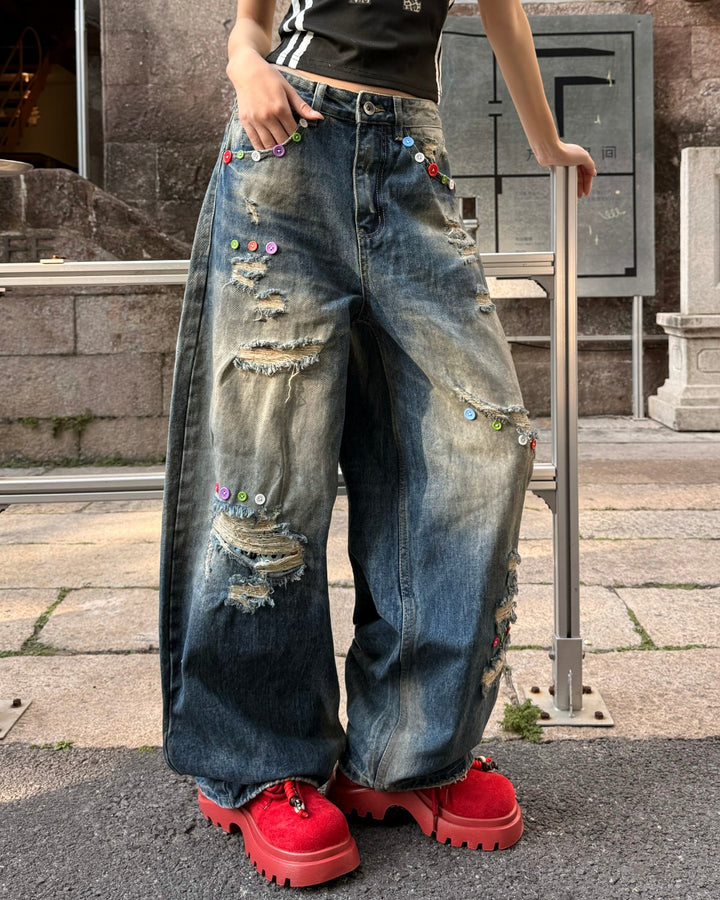 STEP BLOCK MT081 Vintage Mud-Washed Multi-Patch Baggy Jeans