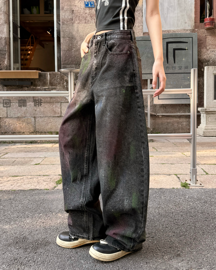 STEP BLOCK MT083 Vintage Acid Wash Distressed Baggy Jeans