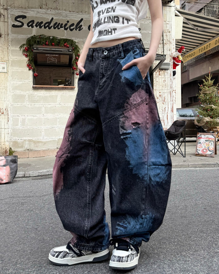 STEP BLOCK MT082 Abstract Face Print Patchwork Baggy Jeans