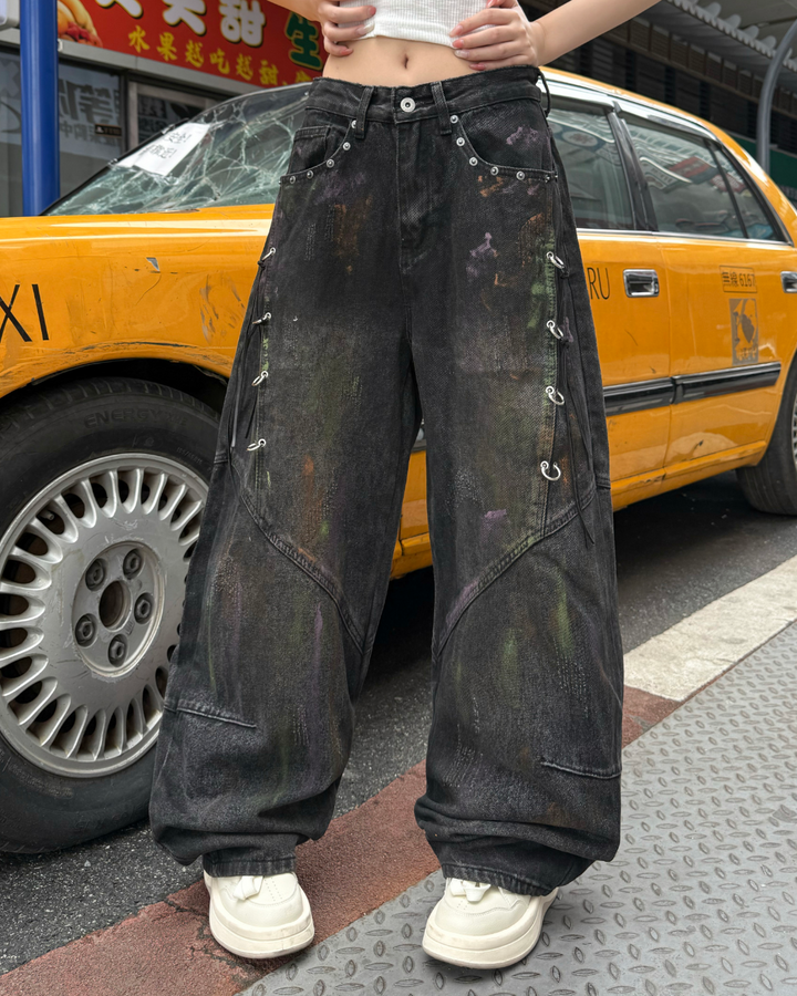 STEP BLOCK MT069 Vintage Black Wash Baggy Jeans - Distressed Denim