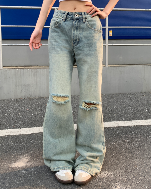 STEP BLOCK MT070 Knee-Distressed Wide Leg Baggy Jeans - Light Wash