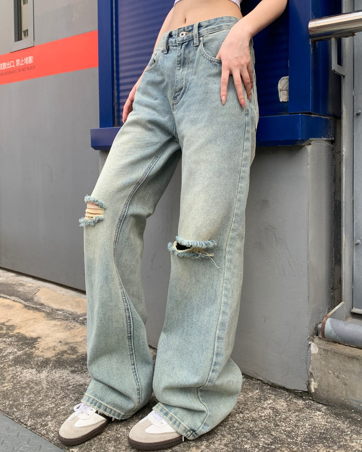 STEP BLOCK MT070 Knee-Distressed Wide Leg Baggy Jeans - Light Wash