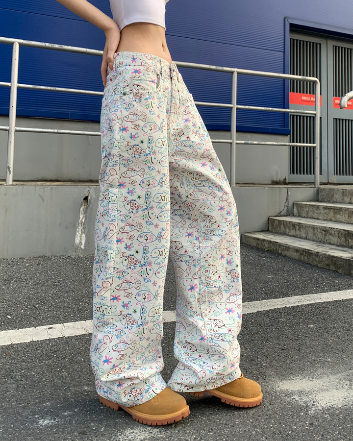 STEP BLOCK MT071 Floral Pattern Wide Leg Baggy Jeans - Streetwear