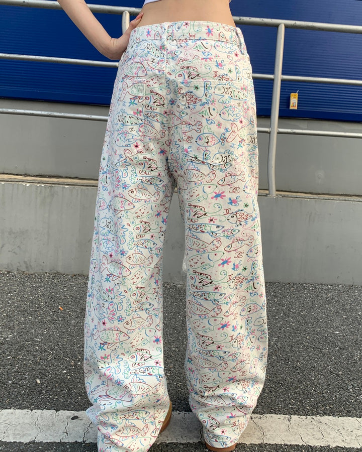 STEP BLOCK MT071 Floral Pattern Wide Leg Baggy Jeans - Streetwear
