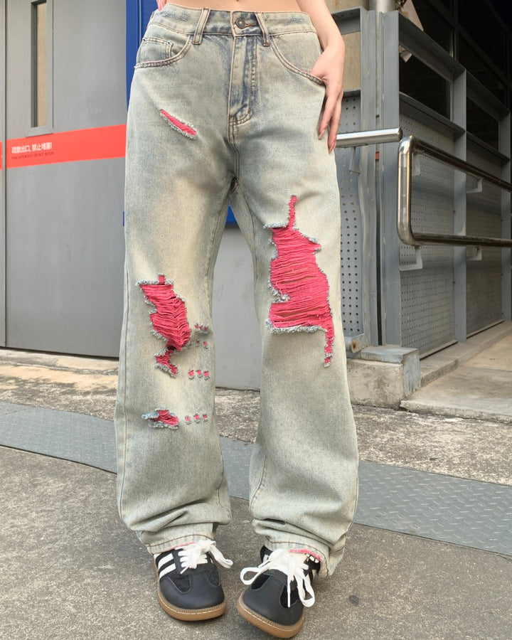 STEP BLOCK MT072 Pink Distressed Patchwork Baggy Jeans - Light Wash