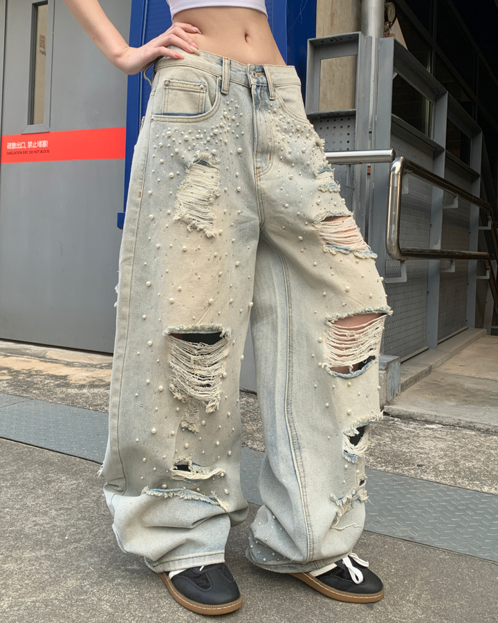 STEP BLOCK MT073 Heavy Distressed Ripped Baggy Jeans - Light Wash