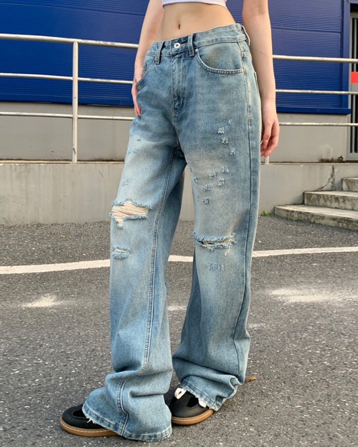 STEP BLOCK MT074 Vintage Washed Knee-Distressed Baggy Jeans