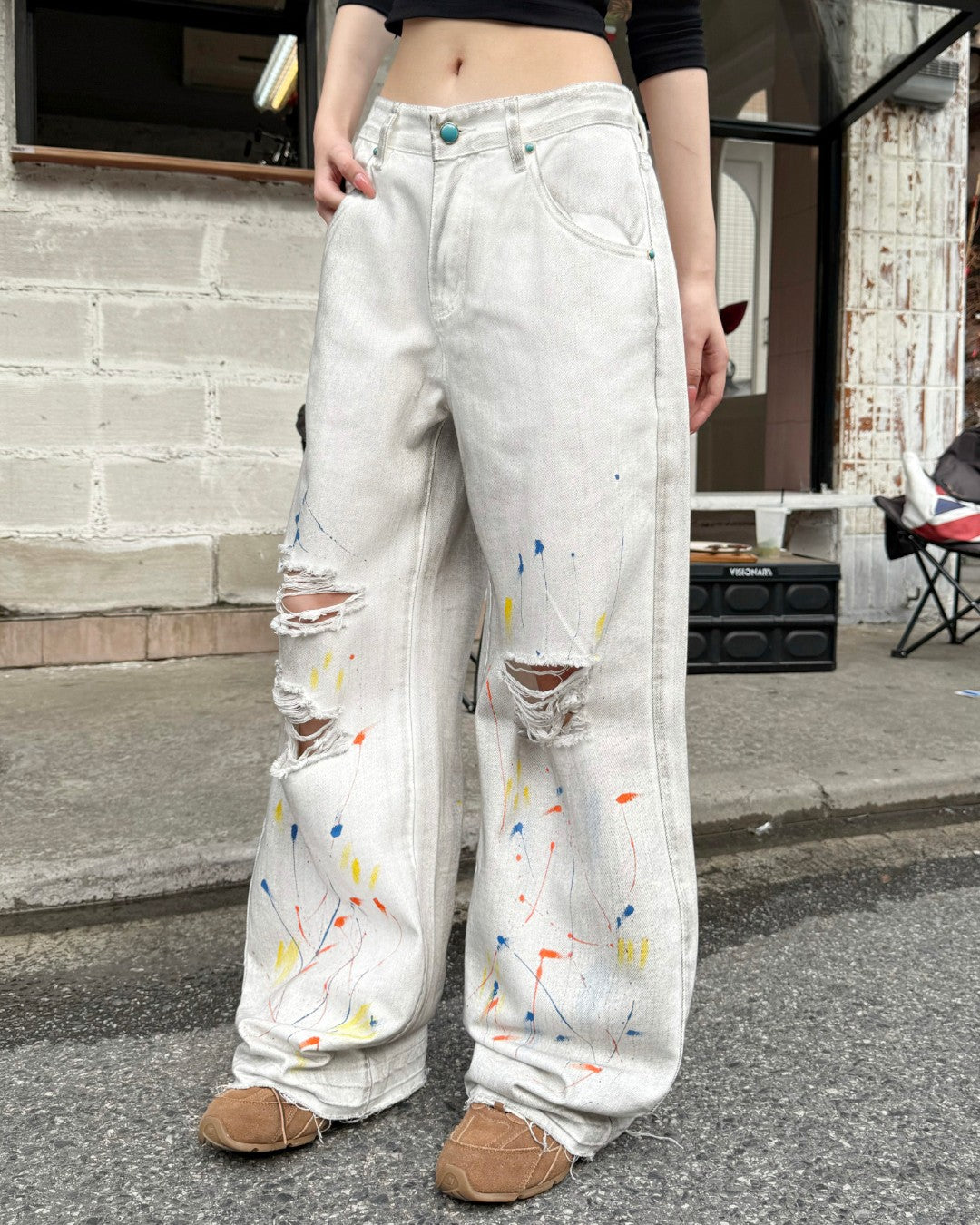 STEP BLOCK MT066 Distressed Graffiti Baggy Jeans - Off-White Denim