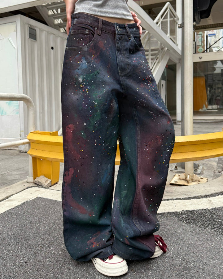 STEP BLOCK MT065 Galaxy Paint Splatter Baggy Jeans - Dark Wash