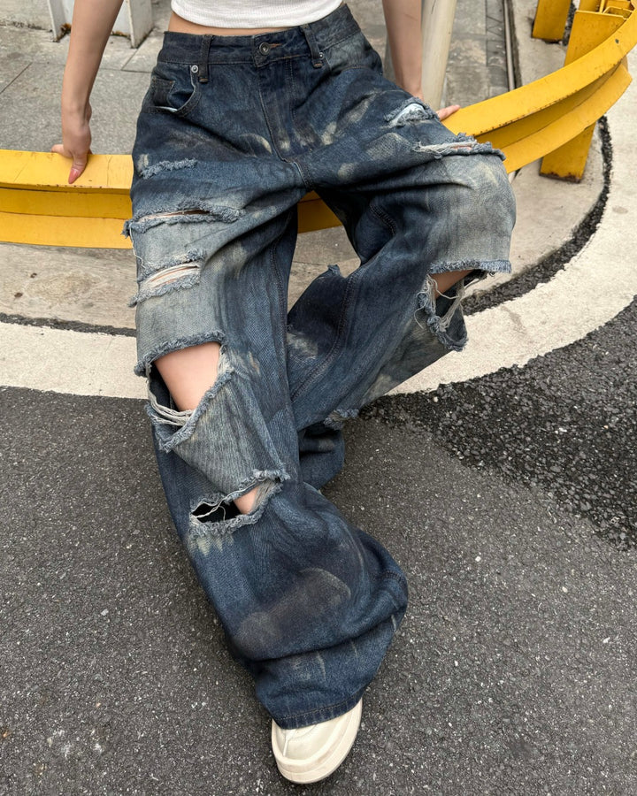 STEP BLOCK MT068 Heavy Hollow-Out Distressed Baggy Jeans