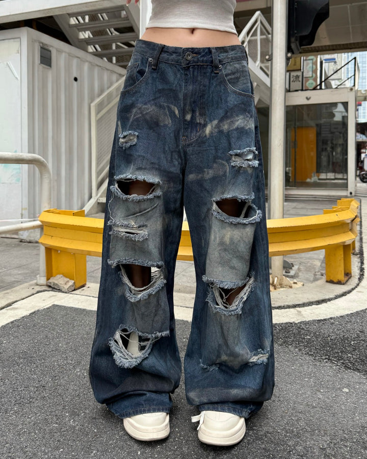 STEP BLOCK MT068 Heavy Hollow-Out Distressed Baggy Jeans