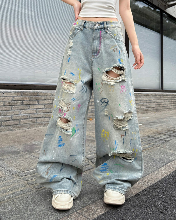 STEP BLOCK MT064 Graffiti Distressed Baggy Jeans - Light Washed Denim