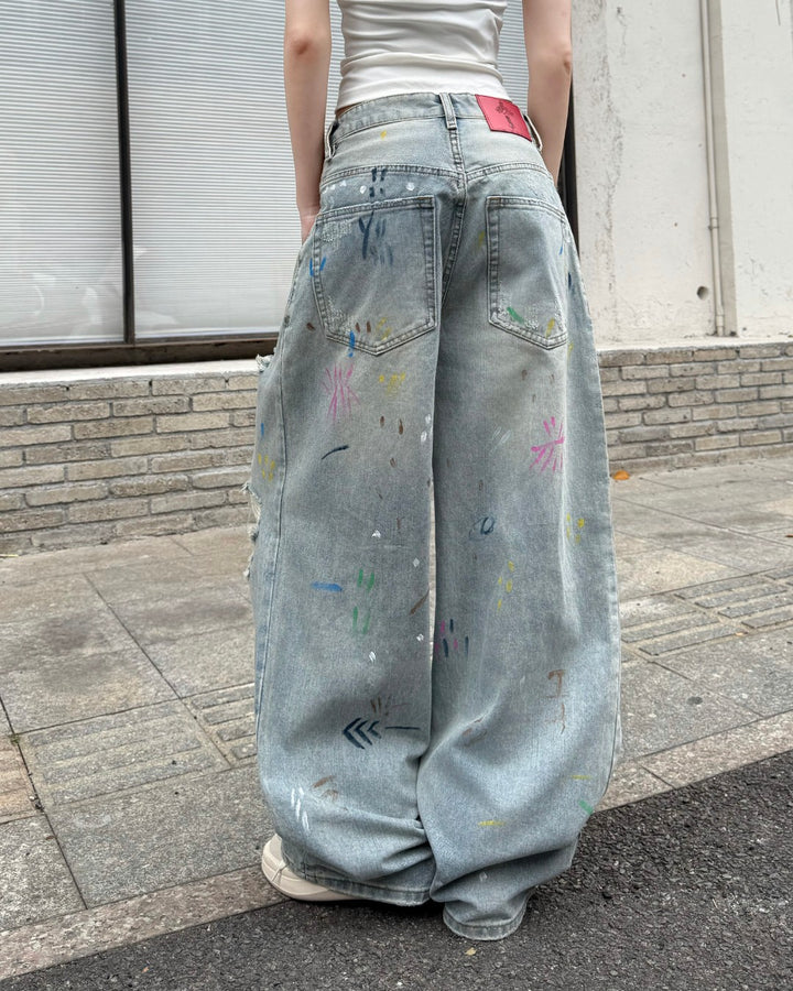 STEP BLOCK MT064 Graffiti Distressed Baggy Jeans - Light Washed Denim