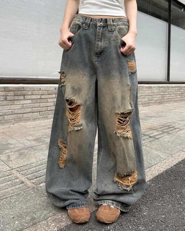 STEP BLOCK MT063 Dirty Washed Distressed Baggy Jeans - Grunge Style