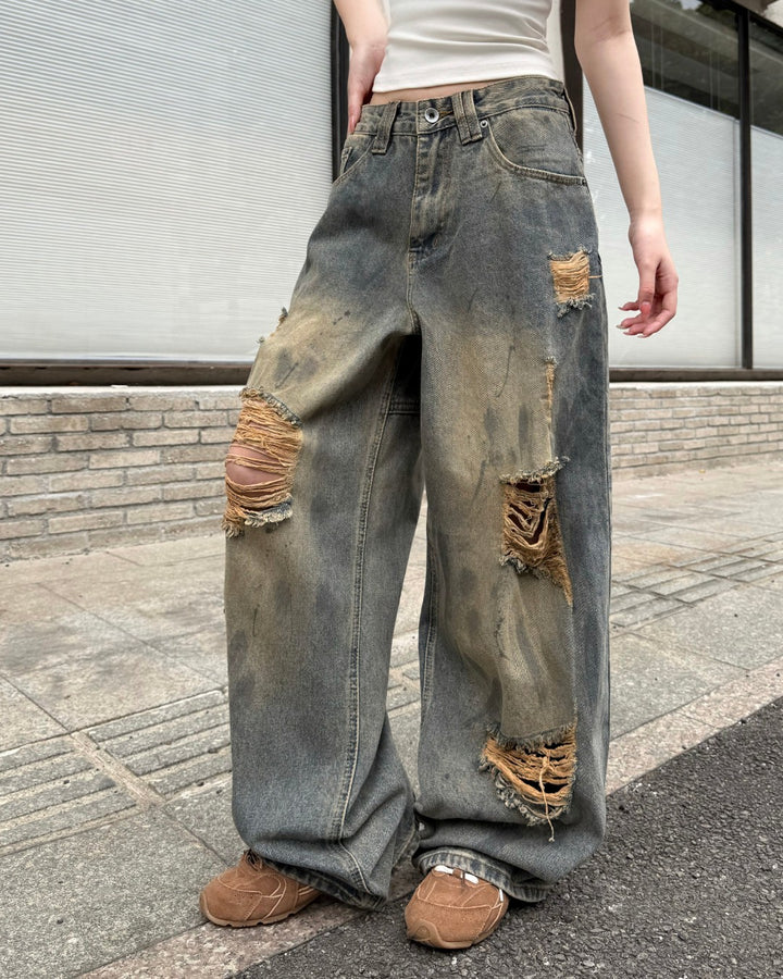 STEP BLOCK MT063 Dirty Washed Distressed Baggy Jeans - Grunge Style