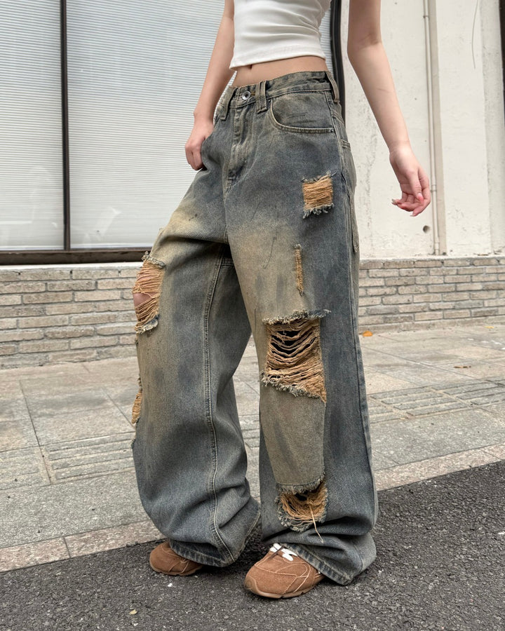 STEP BLOCK MT063 Dirty Washed Distressed Baggy Jeans - Grunge Style