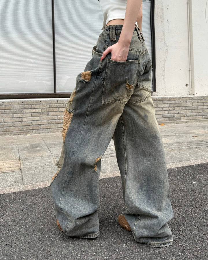 STEP BLOCK MT063 Dirty Washed Distressed Baggy Jeans - Grunge Style