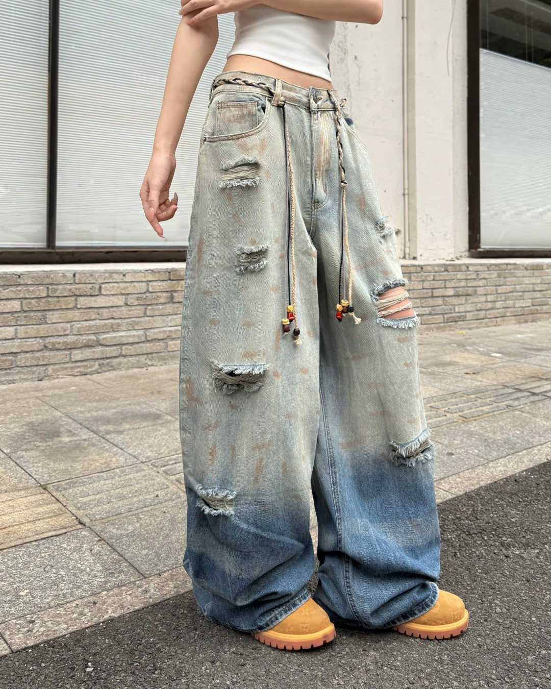 STEP BLOCK MT062 Gradient Distressed Baggy Jeans - Vintage Blue
