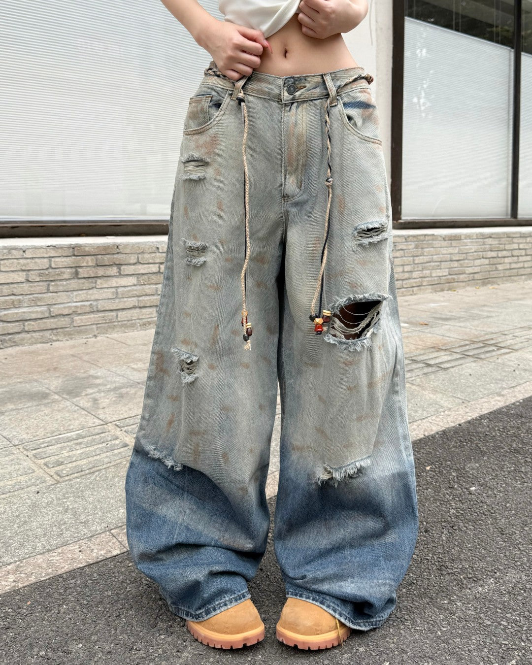 STEP BLOCK MT062 Gradient Distressed Baggy Jeans - Vintage Blue